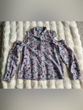 Aina Be White Striped Cold-Shoulder Button-Down with Red Floral Print